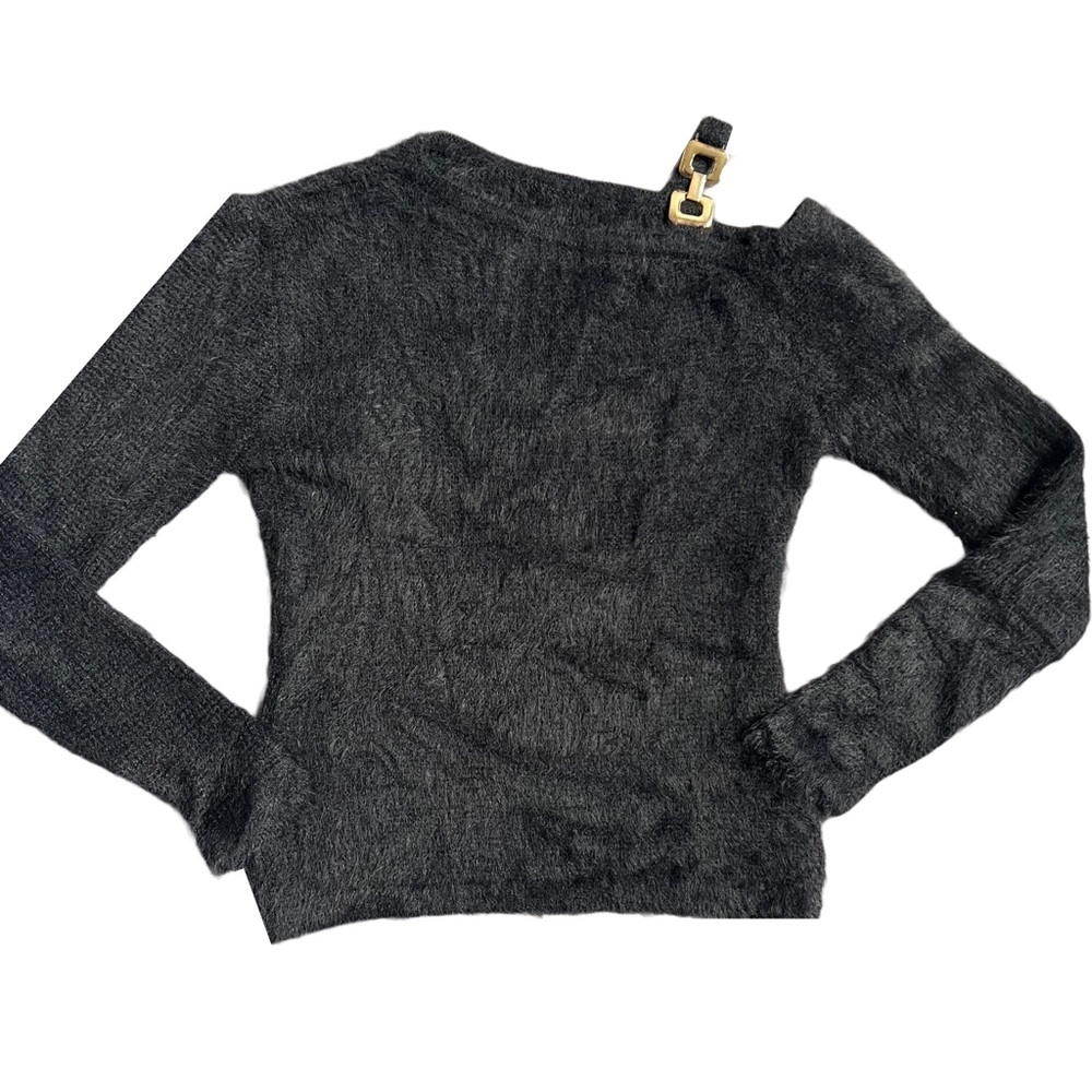 BLACK OFF THE SHOULDER LONG SLEEVE FULL LENGTH SWEATER WITH GOLD HARDWARE SMALL